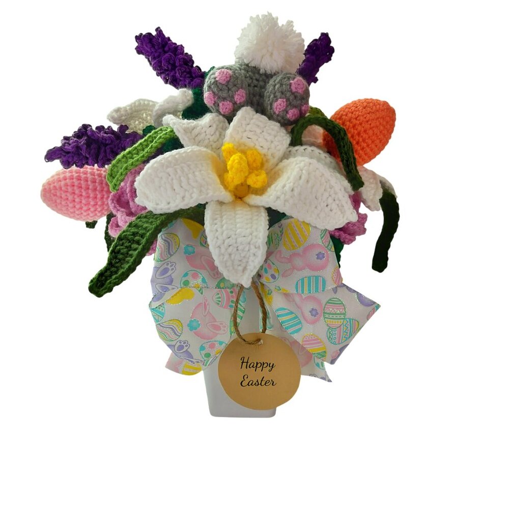 Easter Centerpiece Bouquet In Plastic Vase with handmade Crochet Flowers with Bu - Picture 2 of 9